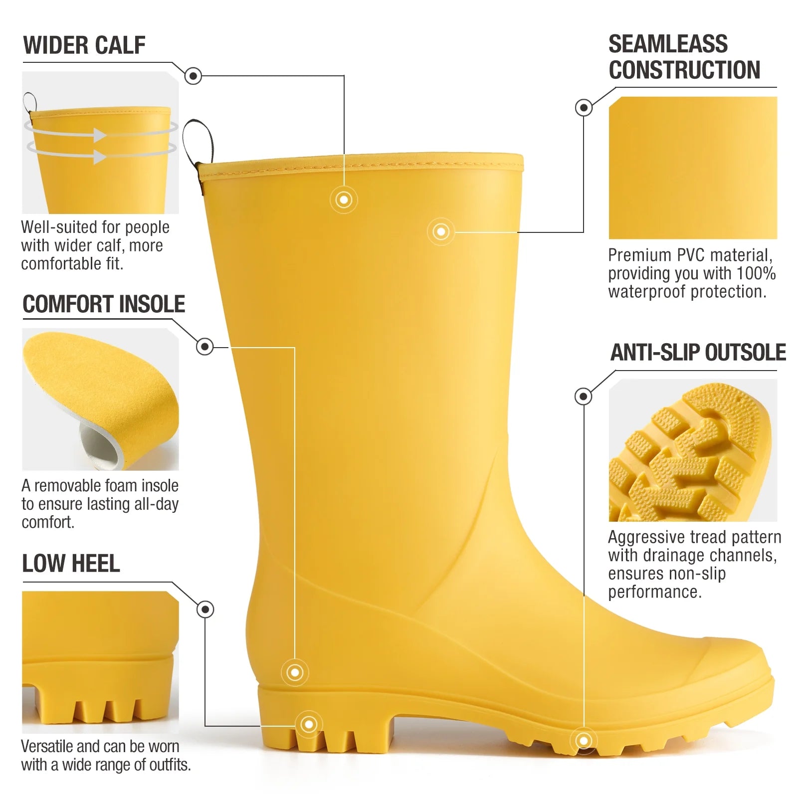 Rubber Wide Calf Rain Boots for Women Yellow Size 10