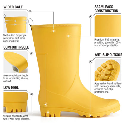 Rubber Wide Calf Rain Boots for Women Yellow Size 10
