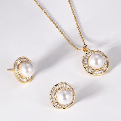 Pearl Necklace and Earrings 14K Gold Plated Sunflower Jewelry Set for Women Shiny Cubic Zirconia Chain Length 18"+2" Extender (A)
