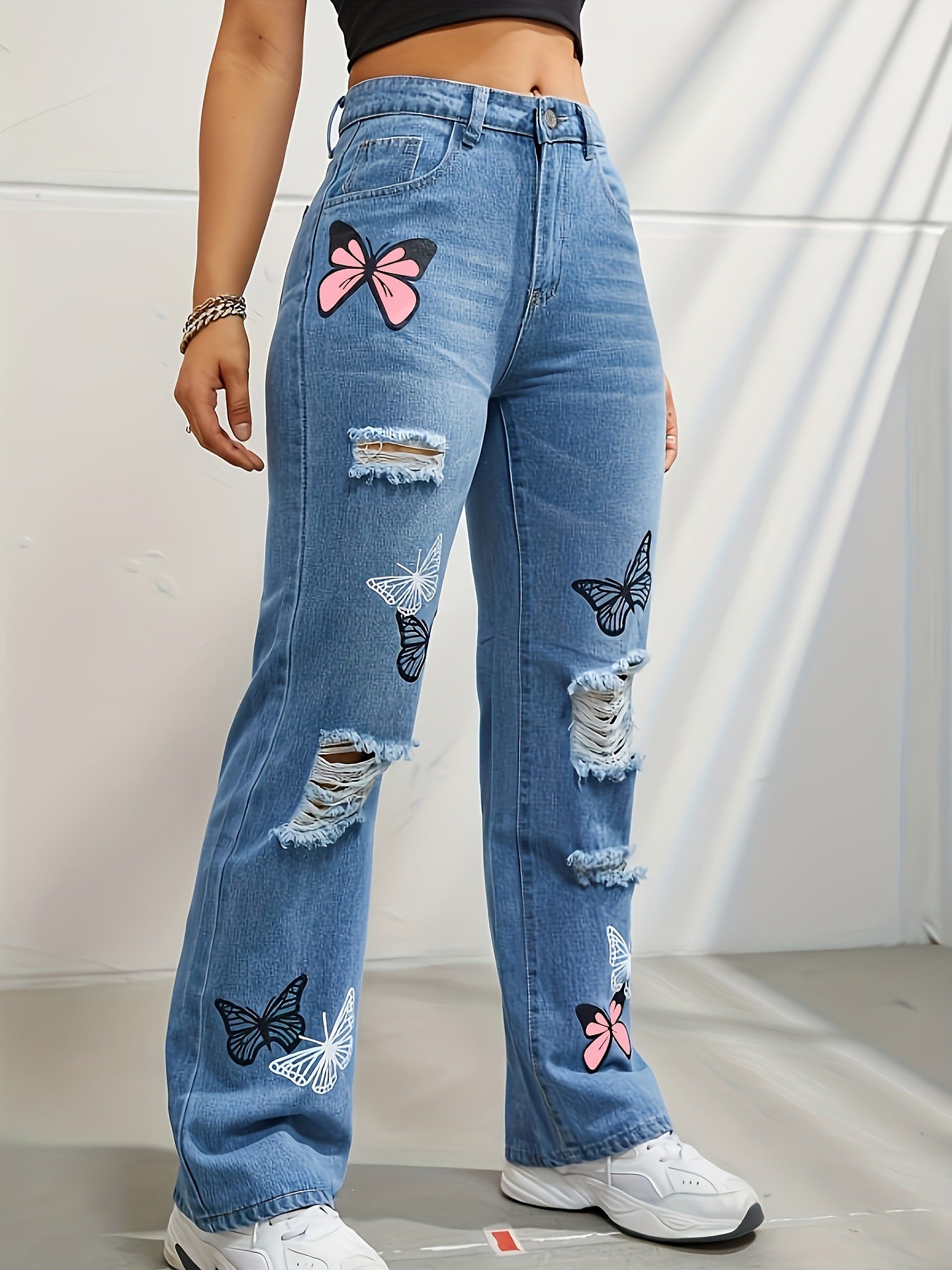 High Waisted Straight Leg Jeans for Women Butterfly Print Ripped Distressed Denim Pants