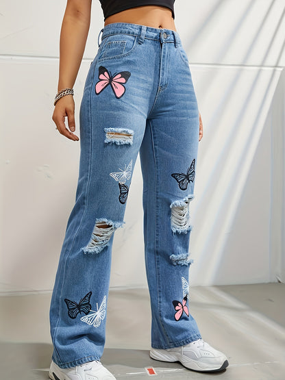 High Waisted Straight Leg Jeans for Women Butterfly Print Ripped Distressed Denim Pants
