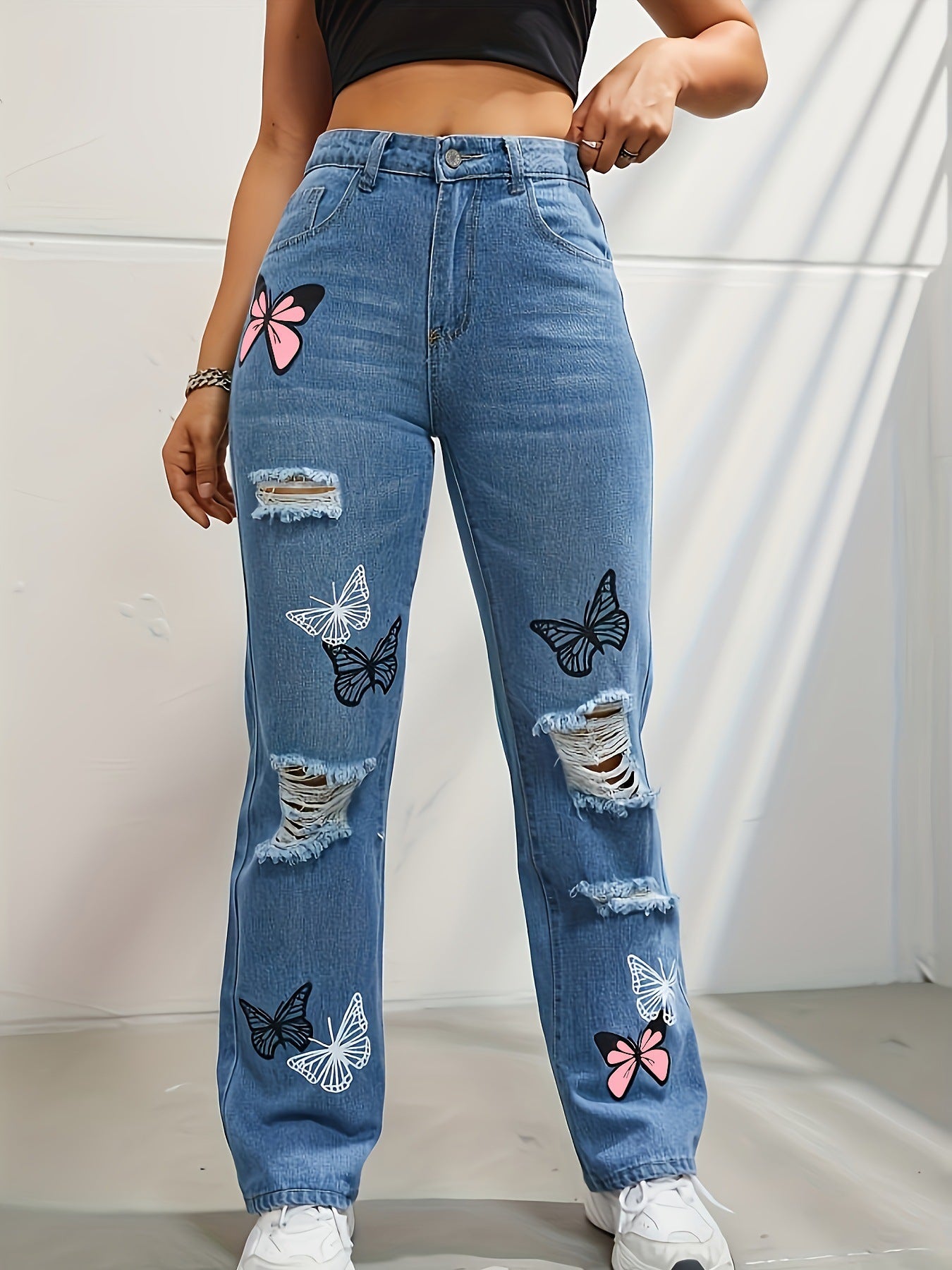 High Waisted Straight Leg Jeans for Women Butterfly Print Ripped Distressed Denim Pants