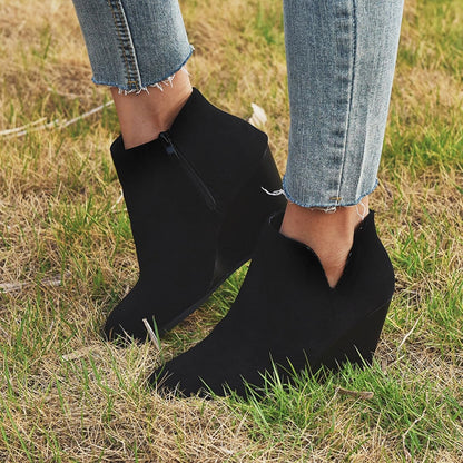 Womens Booties and Ankle Boots Fashion round Toe Zipper Suede Casual Wedge Platform High Heels Comfortable Waterproof Work Chunky Shoes
