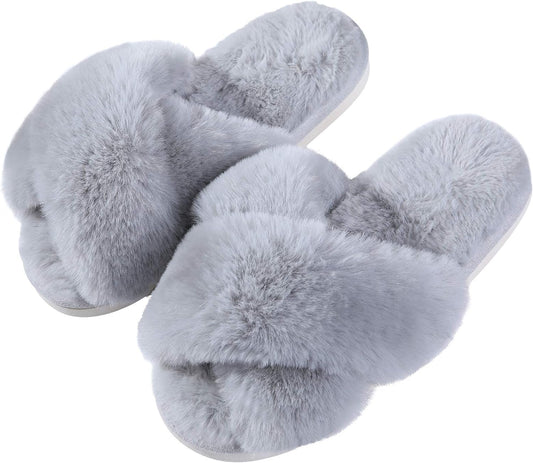 Women'S Fuzzy Slippers Cross Band Memory Foam House Slippers Open Toe