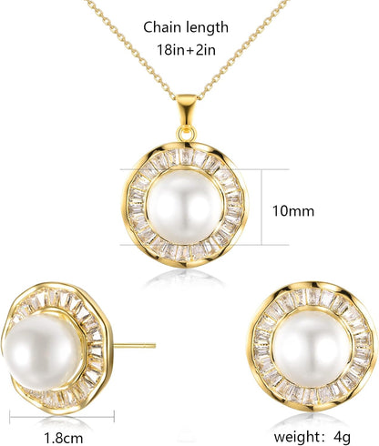 Pearl Necklace and Earrings 14K Gold Plated Sunflower Jewelry Set for Women Shiny Cubic Zirconia Chain Length 18"+2" Extender (A)