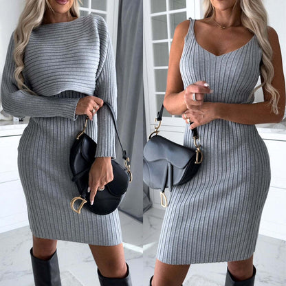 Women's 2-Piece Solid Stripe Long-Sleeved Top and Fitted Suspender Skirt Set for Autumn and Winter