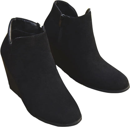 Womens Booties and Ankle Boots Fashion round Toe Zipper Suede Casual Wedge Platform High Heels Comfortable Waterproof Work Chunky Shoes