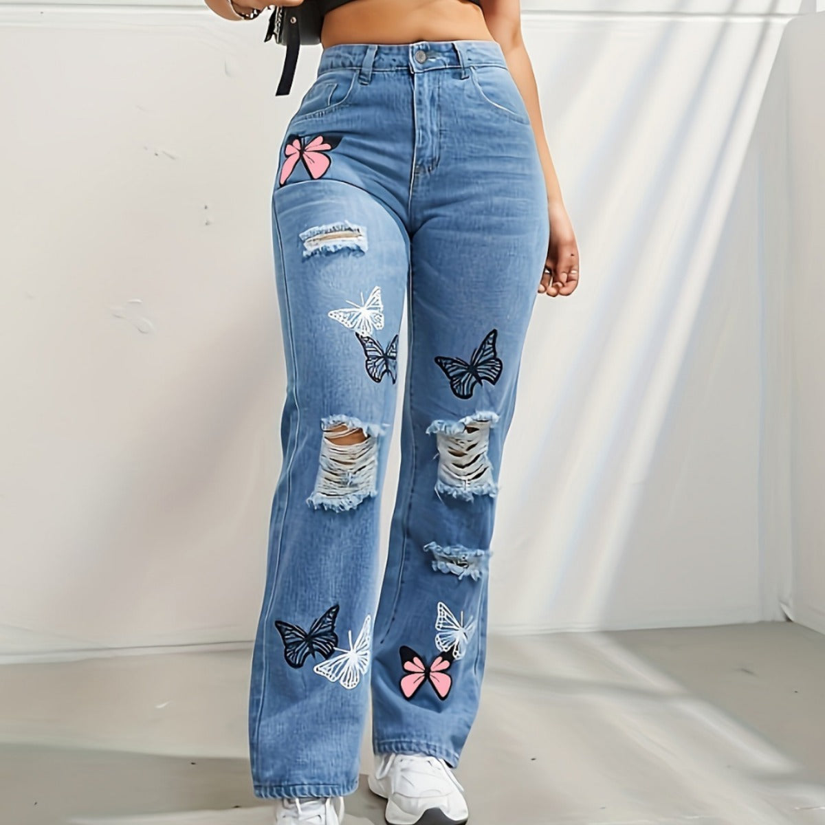 High Waisted Straight Leg Jeans for Women Butterfly Print Ripped Distressed Denim Pants