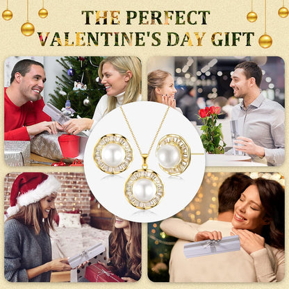 Pearl Necklace and Earrings 14K Gold Plated Sunflower Jewelry Set for Women Shiny Cubic Zirconia Chain Length 18"+2" Extender (A)