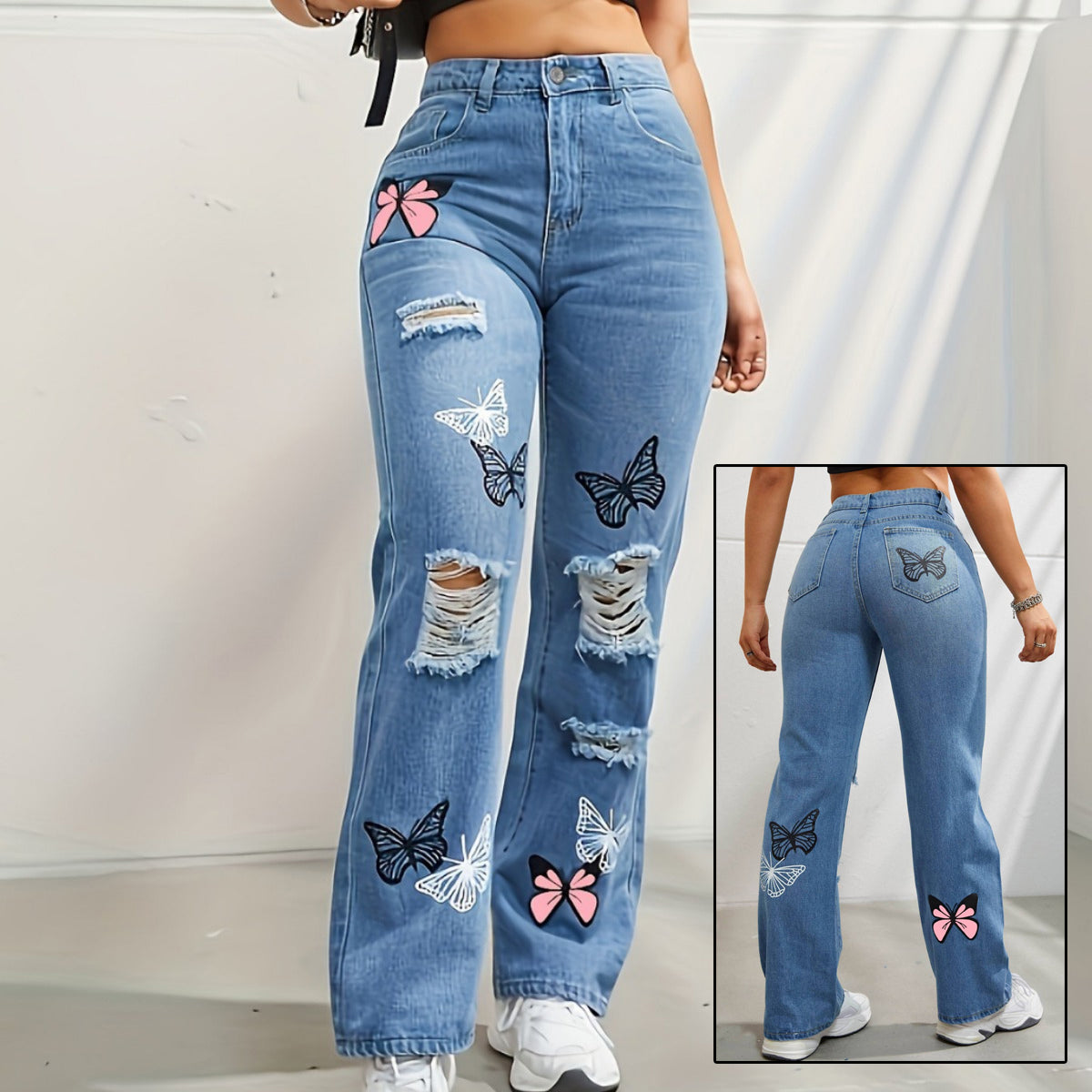 High Waisted Straight Leg Jeans for Women Butterfly Print Ripped Distressed Denim Pants