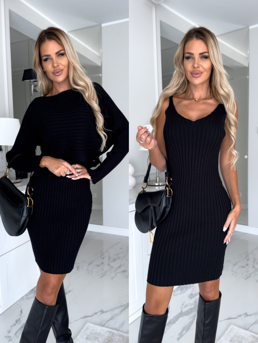 Women's 2-Piece Solid Stripe Long-Sleeved Top and Fitted Suspender Skirt Set for Autumn and Winter