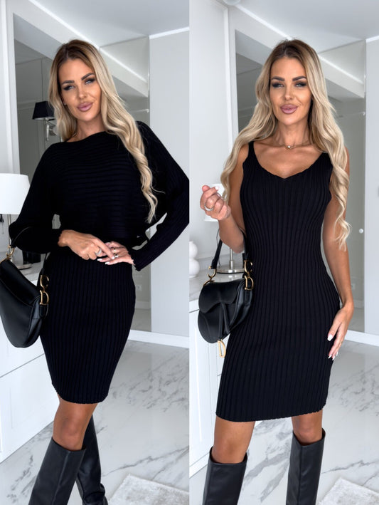 Women's 2-Piece Solid Stripe Long-Sleeved Top and Fitted Suspender Skirt Set for Autumn and Winter