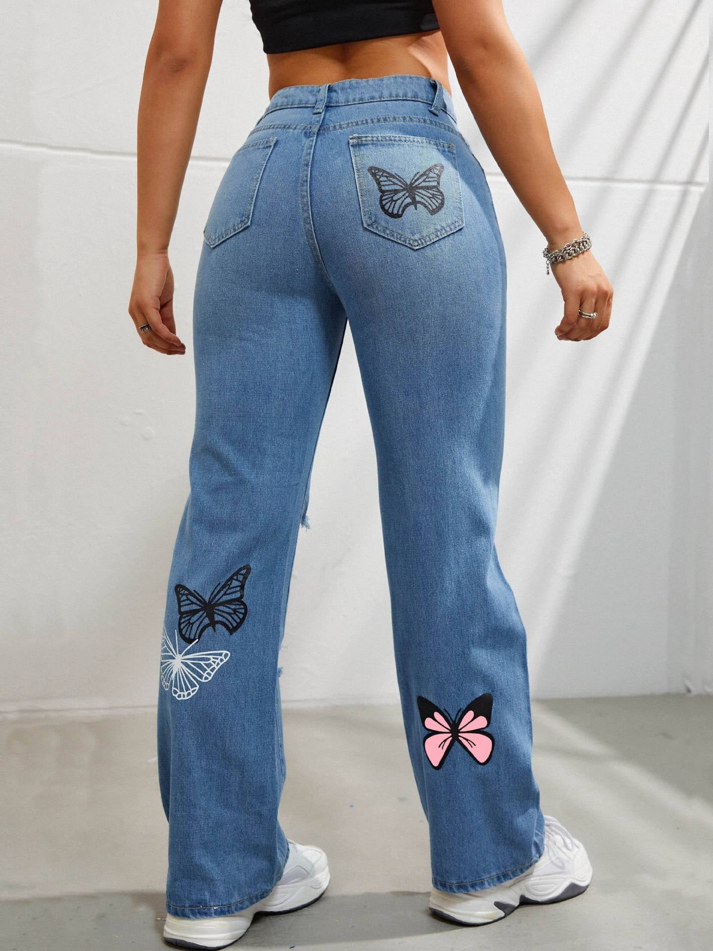 High Waisted Straight Leg Jeans for Women Butterfly Print Ripped Distressed Denim Pants