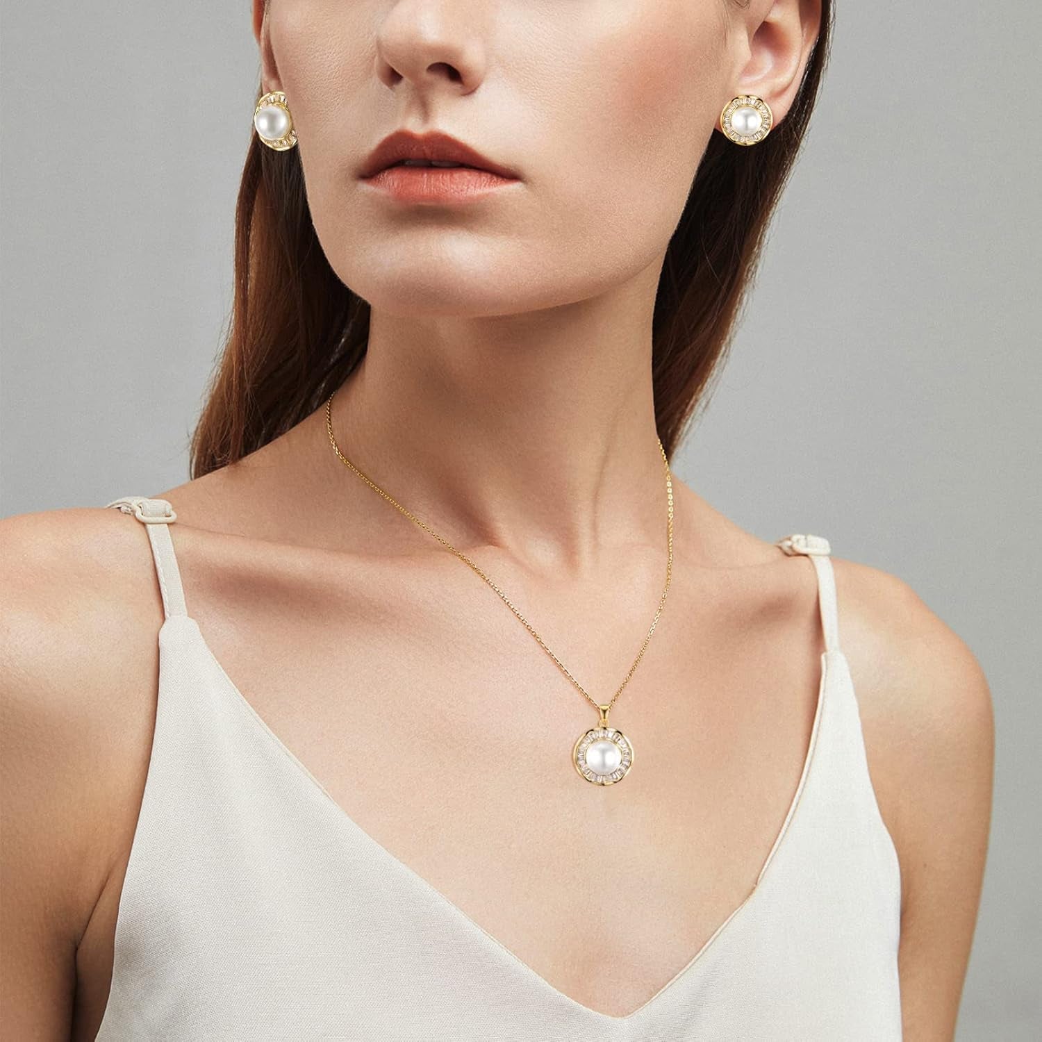 Pearl Necklace and Earrings 14K Gold Plated Sunflower Jewelry Set for Women Shiny Cubic Zirconia Chain Length 18"+2" Extender (A)
