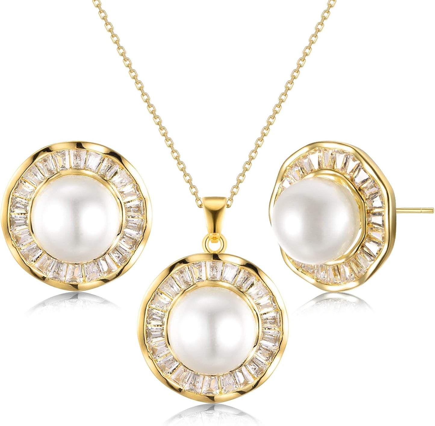 Pearl Necklace and Earrings 14K Gold Plated Sunflower Jewelry Set for Women Shiny Cubic Zirconia Chain Length 18"+2" Extender (A)