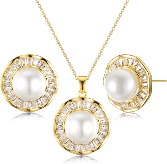 Pearl Necklace and Earrings 14K Gold Plated Sunflower Jewelry Set for Women Shiny Cubic Zirconia Chain Length 18"+2" Extender (A)