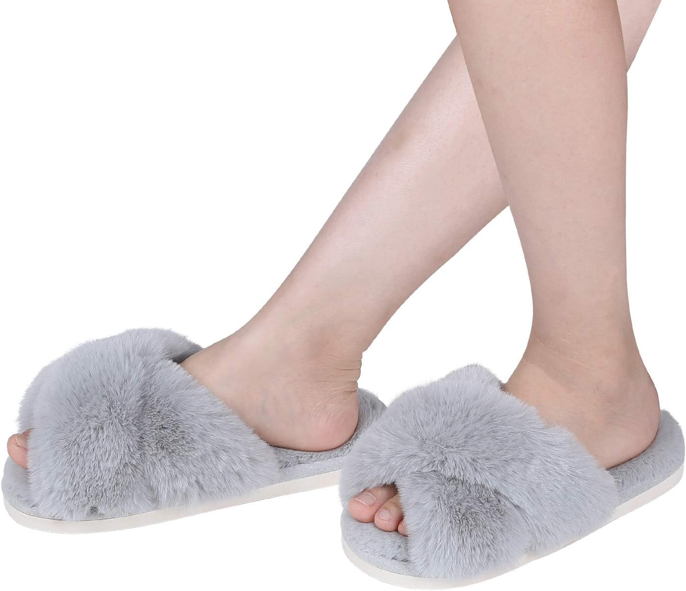 Women'S Fuzzy Slippers Cross Band Memory Foam House Slippers Open Toe