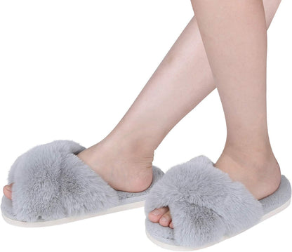 Women'S Fuzzy Slippers Cross Band Memory Foam House Slippers Open Toe