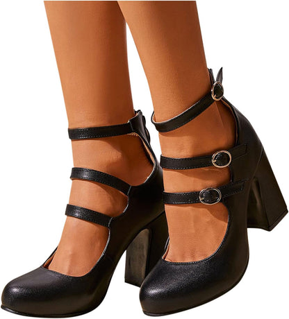 Women'S Closed Toe Ankle Buckle Strap Chunky Block Heel Mary Jane Shoes Vintage round Toe Mary Jane Dress Pumps