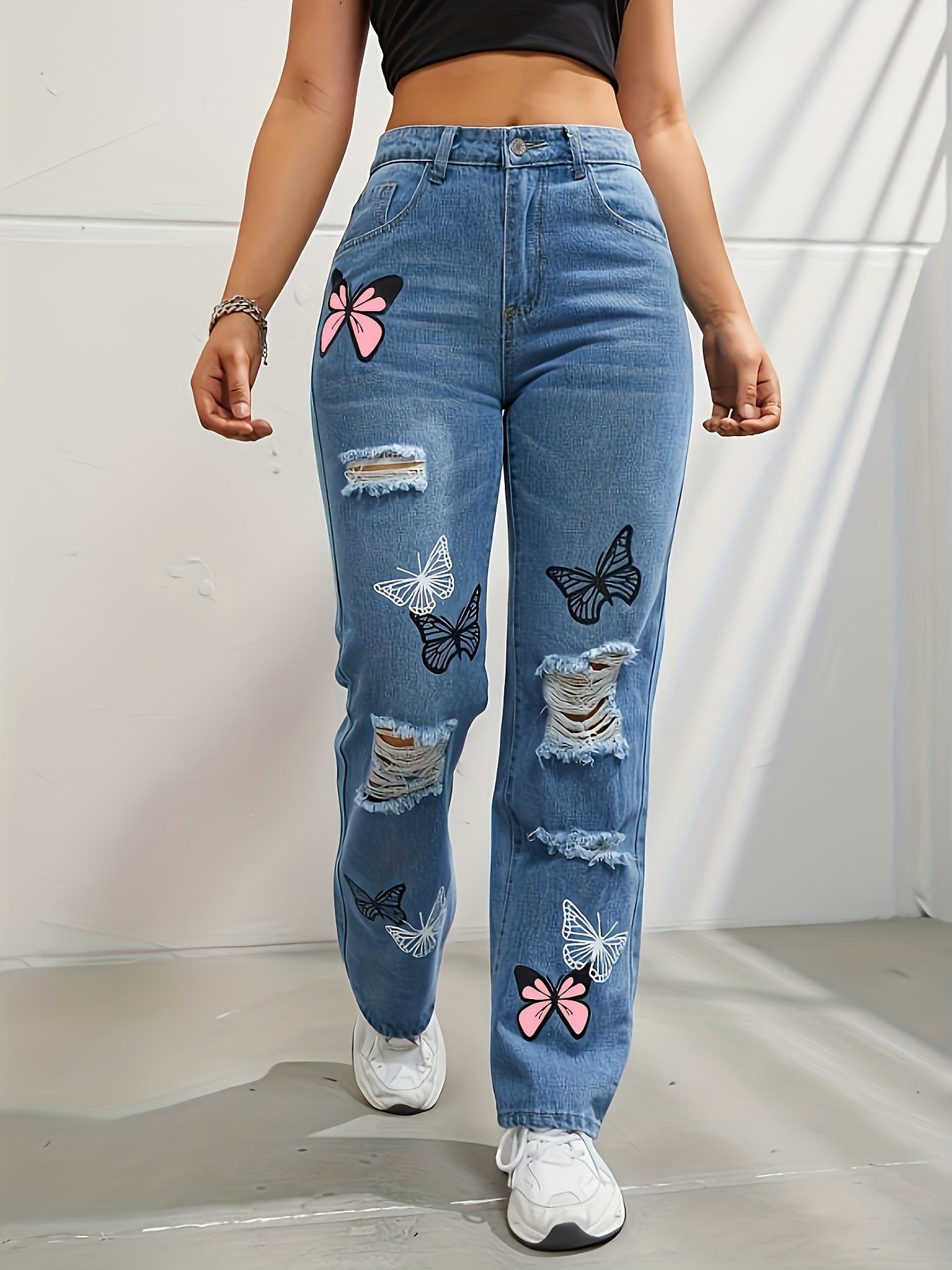 High Waisted Straight Leg Jeans for Women Butterfly Print Ripped Distressed Denim Pants