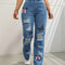 High Waisted Straight Leg Jeans for Women Butterfly Print Ripped Distressed Denim Pants