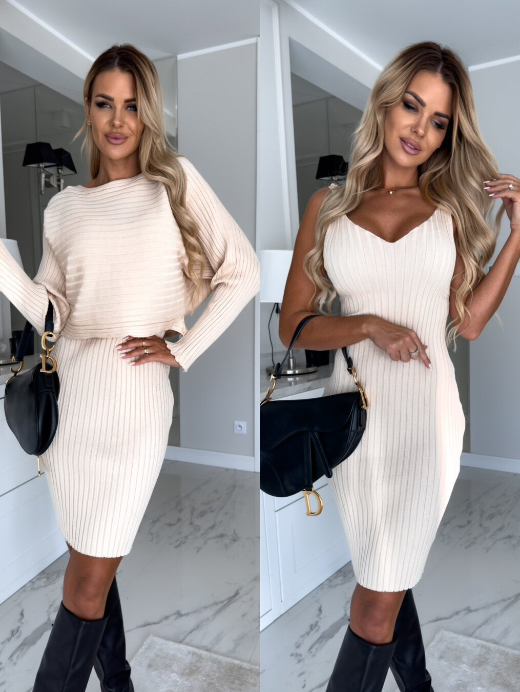 Women's 2-Piece Solid Stripe Long-Sleeved Top and Fitted Suspender Skirt Set for Autumn and Winter